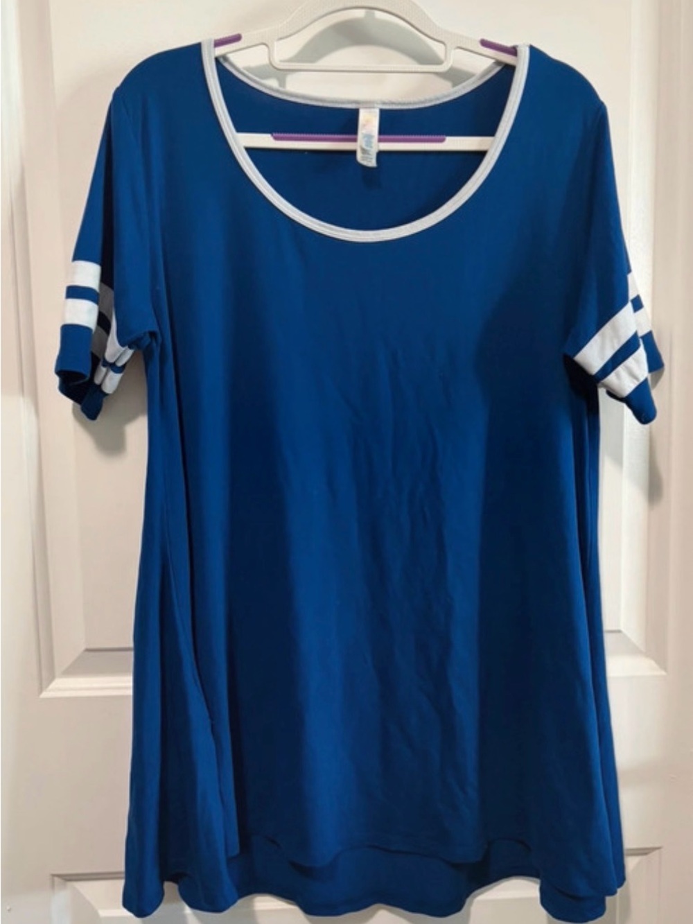 LuLaRoe Royal Blue Scoop Neck Tunic with White Stripe Accents